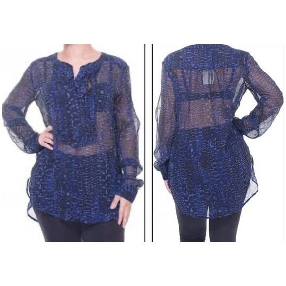 LUCKY BRAND PLEATED PRINT TOP BLUE/MULTI SEMI-SHEER SIZE SMALL - Picture 1 of 9